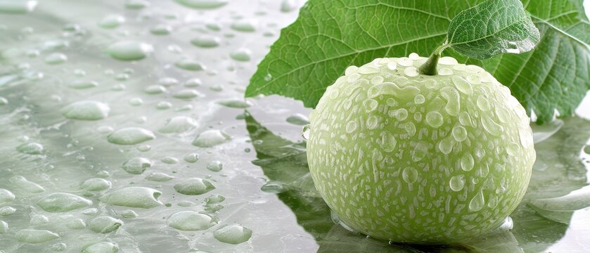   A green apple sits atop a wet table, near a green leaf