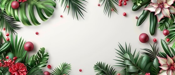 Fototapeta na wymiar A Christmas background featuring palm leaves, poinsettias, and red balls against a white backdrop, providing space for text