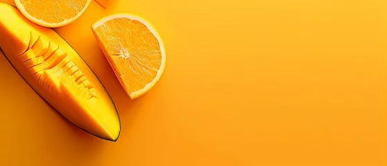 Foto op Plexiglas   A few slices of orange sit atop a yellow table alongside a banana and its peel © Jevjenijs
