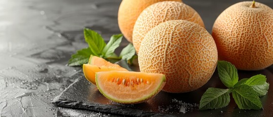   A table with a stack of cantaloupes and a slice