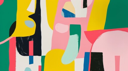  Abstract painting featuring diverse hues and forms against a green, yellow, pink, blue, and black backdrop