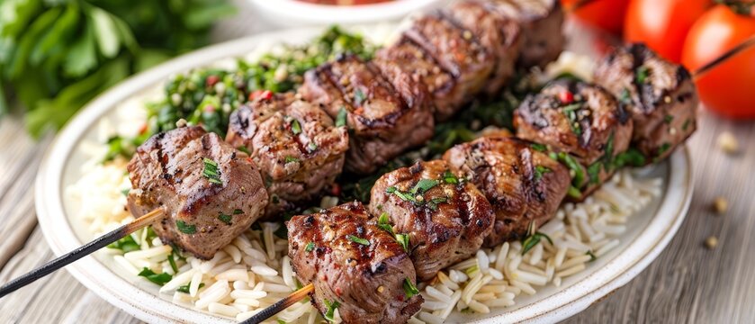   A photo of a meat skewer with rice on a wooden table
