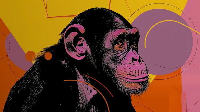   A chimp painted on a vibrant yellow-pink-orange canvas surrounded by multiple circles