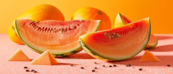   Watermelon sliced in half on a pink backdrop with adjacent slices