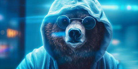Futuristic Hooded Bear with Sunglasses in Neon City Lights Banner - obrazy, fototapety, plakaty