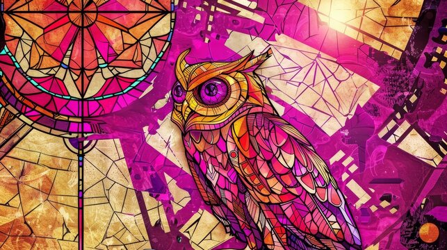   A vibrant owl perched atop a table, adjacent to a mesmerizing stained-glass artwork
