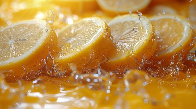   A cluster of lemons positioned atop a table, adjacent to one another with water droplets cascading onto them