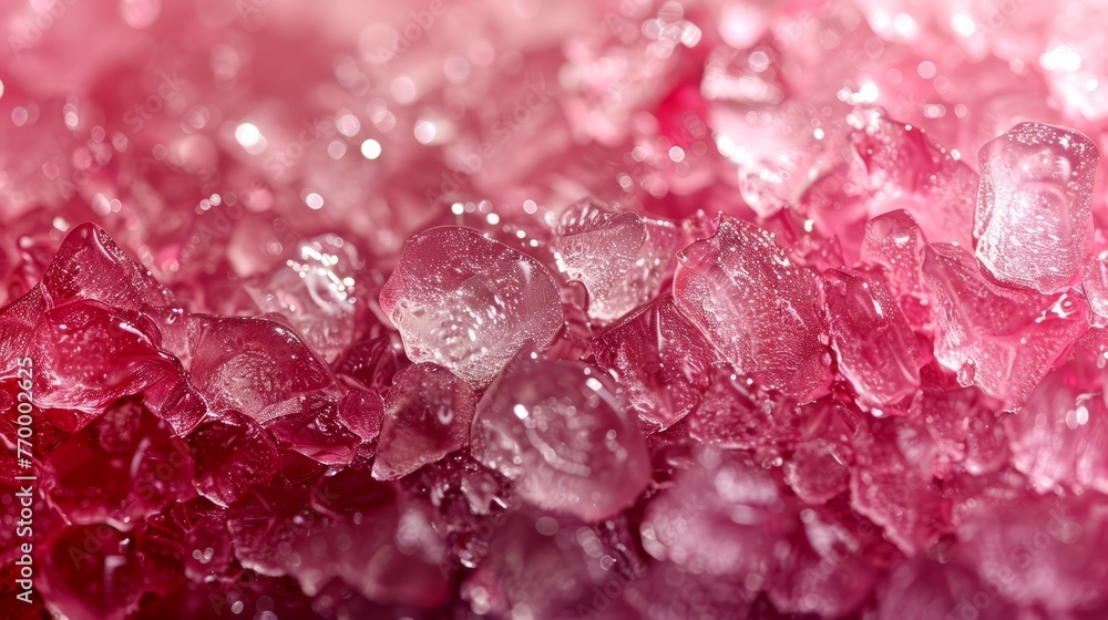 Poster   Ice cubes on pink-red tablecloth with water droplets