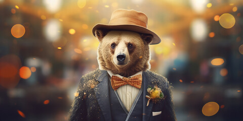 Elegant Bear in Suit and Hat on Magical Autumn Evening Banner - obrazy, fototapety, plakaty