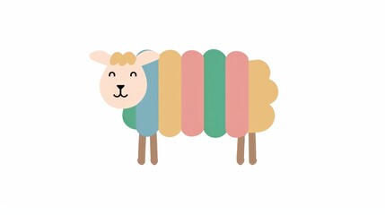   A sheep with multicolored stripes stands in front of a white background