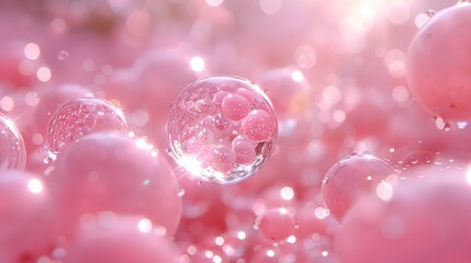   A group of bubbles floating atop one another in a pink-filled air space containing both pink and white bubbles - obrazy, fototapety, plakaty