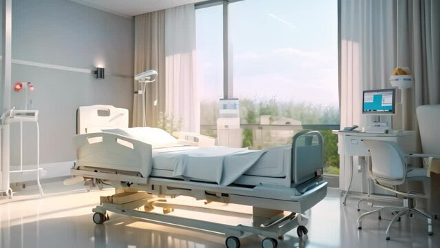 An image of a hospital room furnished with a bed and various essential medical equipment, Interior of a modern hospital room equipped with medical equipment, 3D rendering, AI Generated