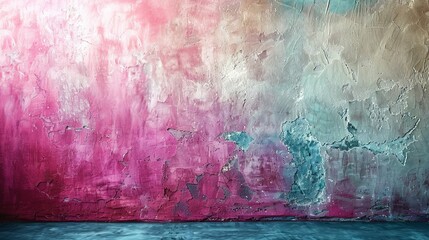   An abstract artwork featuring vibrant hues of pink, blue, and green adorning a wall, set against a serene blue floor