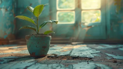 Fotobehang Rubber plant on floor of living room with broken flower pot © Diana