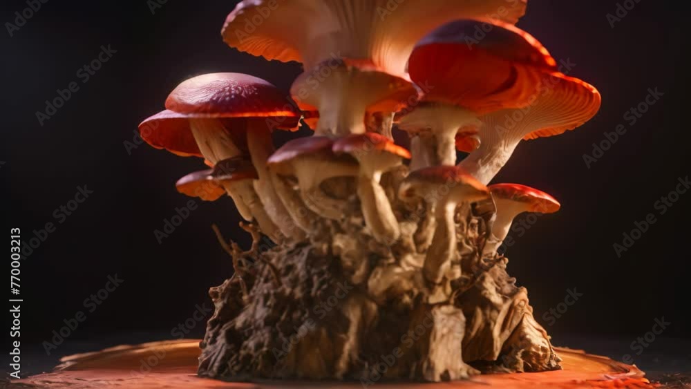 Poster a collection of mushrooms gathered together on a tree stump in a forest setting, lingzhi mushroom, s