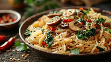  A macro shot of a platter brimming with spaghetti, sautéed 'shrooms & spinach resting beside a sauce dish