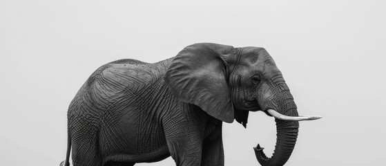   A monochromatic image depicting an elephant with tusks protruding from its head