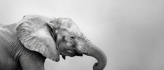   A black and white photo of an elephant with its trunk in the air