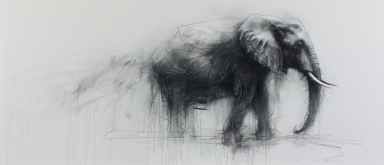   An image of an elephant standing in a foggy area, its trunk lifted into the air, rendered in black and white