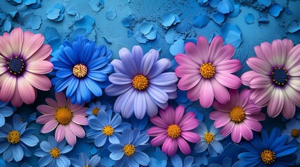   A cluster of vibrant blossoms resting atop a gradient of blue and pink with water droplets adorning their petals