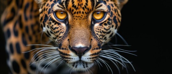   A close-up of a leopard's face with yellow eyes and a long whiskered tail - obrazy, fototapety, plakaty