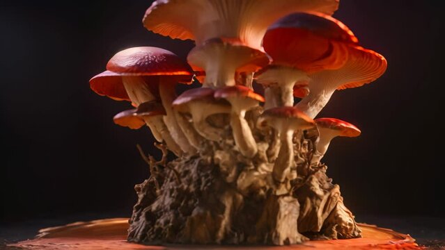 A collection of mushrooms gathered together on a tree stump in a forest setting, Lingzhi mushroom, specifically Ganoderma lucidum Lingzhi mushroom, AI Generated