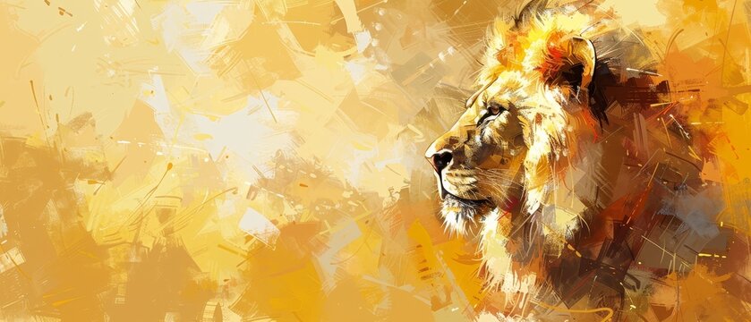   A painting depicts a majestic lion's head against a warm yellow-orange backdrop, featuring a distinct white spot on the canvas' left side