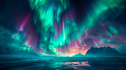 Vibrant green and purple aurora borealis illuminating the night sky - obrazy, fototapety, plakaty