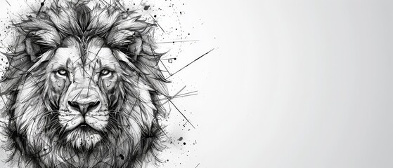   A monochrome illustration of a lion's head featuring a vibrant patch of color on its visage - obrazy, fototapety, plakaty
