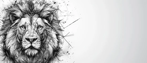 Poster   A monochrome illustration of a lion's head featuring a vibrant patch of color on its visage © Jevjenijs