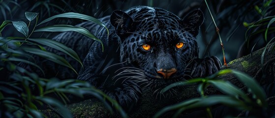   Black Leopard painting with Glowing Orange Eyes in Jungle with Green Plants in Foreground