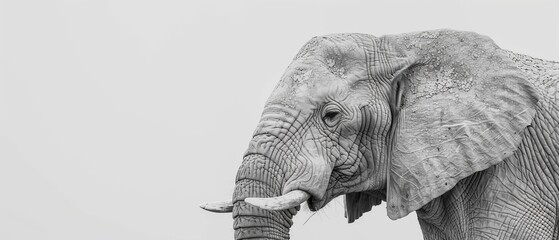   A grayscale snapshot of an elephant displaying its tusks protruding from its mouth