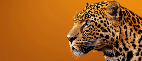   A close-up of a leopard's head on an orange background with a black and white spot on the left side of the face - obrazy, fototapety, plakaty