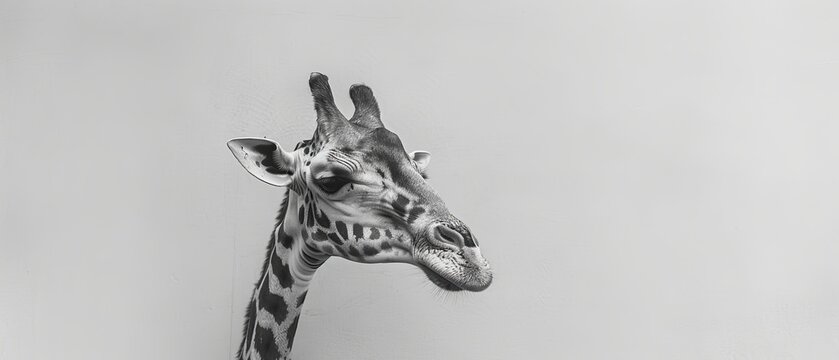   A monochrome image of a giraffe's head against a light gray backdrop