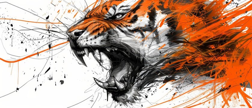   Orange and black paint splatters adorn a tiger's face in this vivid drawing