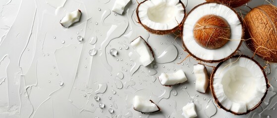  A group of coconuts sits on a white surface with water droplets surrounding them, and one has been halved - obrazy, fototapety, plakaty