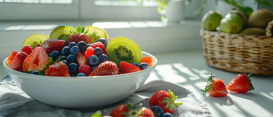 A bowl of fresh, colorful fruits like strawberries, blueberries, and kiwi, arranged on a white table with a wicker basket beside it Sunlight streams through a window, creating a na - obrazy, fototapety, plakaty