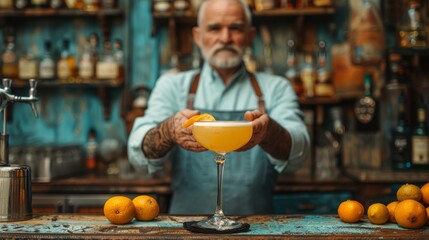   A man in an apron holds a glass with a drink in front of an orange-laden bar