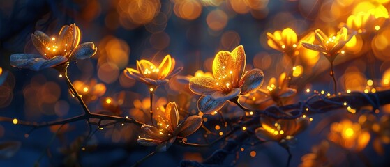   A photo of yellow flowers arranged on a twig, illuminated by lights, against a slightly blurred backdrop