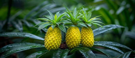   A couple of pineapples on a lush green forest filled with plenty of leaves
