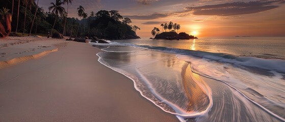   A sunset on a tropical beach with waves lapping on the sand and palm trees swaying on the other side
