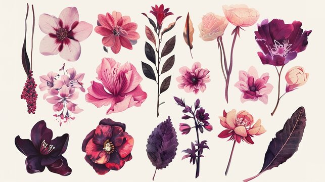Floral decoration set. Botanic arrangements individual elements of pink and purple flowers, leaf, branch. ,Generative ai, 