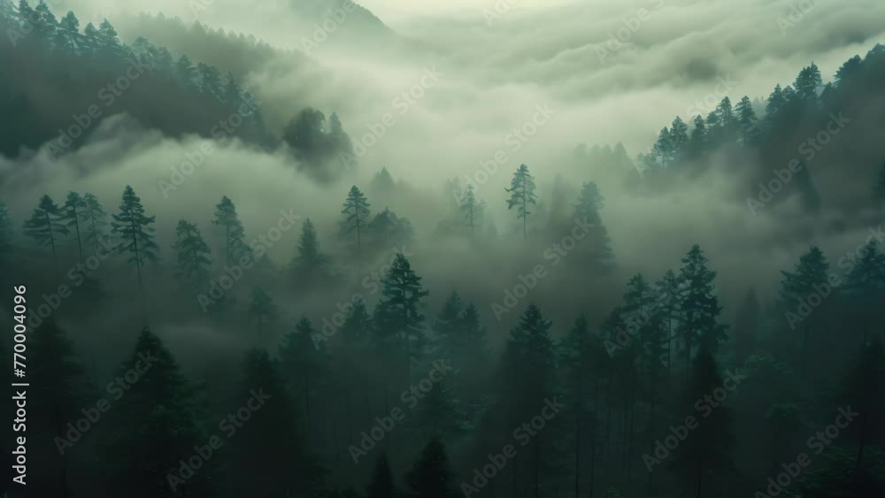 Poster an enchanting forest enveloped in mist, with towering trees creating an immersive and tranquil atmos