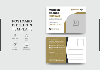 Real Estate Postcard Design Vector Template With Creative Modern Layout, Modern & Elegant Postcard Template Design Home For Sale.