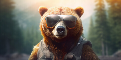 Stylish Adventurous Bear with Sunglasses in the Wild Forest Banner - obrazy, fototapety, plakaty