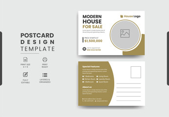 Real Estate Postcard Design Vector Template With Creative Modern Layout, Modern & Elegant Postcard Template Design Home For Sale.