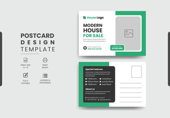 Real Estate Postcard Design Vector Template With Creative Modern Layout, Modern & Elegant Postcard Template Design Home For Sale.
