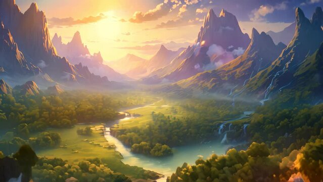 A captivating painting of a serene mountain valley with a river beautifully flowing through it., Mountain valley during sundown, showcasing a beautiful natural landscape in the summer, AI Generated