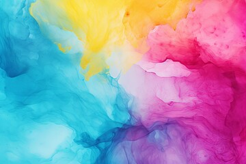 Cyan Magenta Yellow abstract watercolor paint background barely noticeable with liquid fluid texture for background, banner with copy space and blank text area - obrazy, fototapety, plakaty