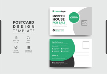 Real Estate Postcard Design Vector Template With Creative Modern Layout, Modern & Elegant Postcard Template Design Home For Sale.